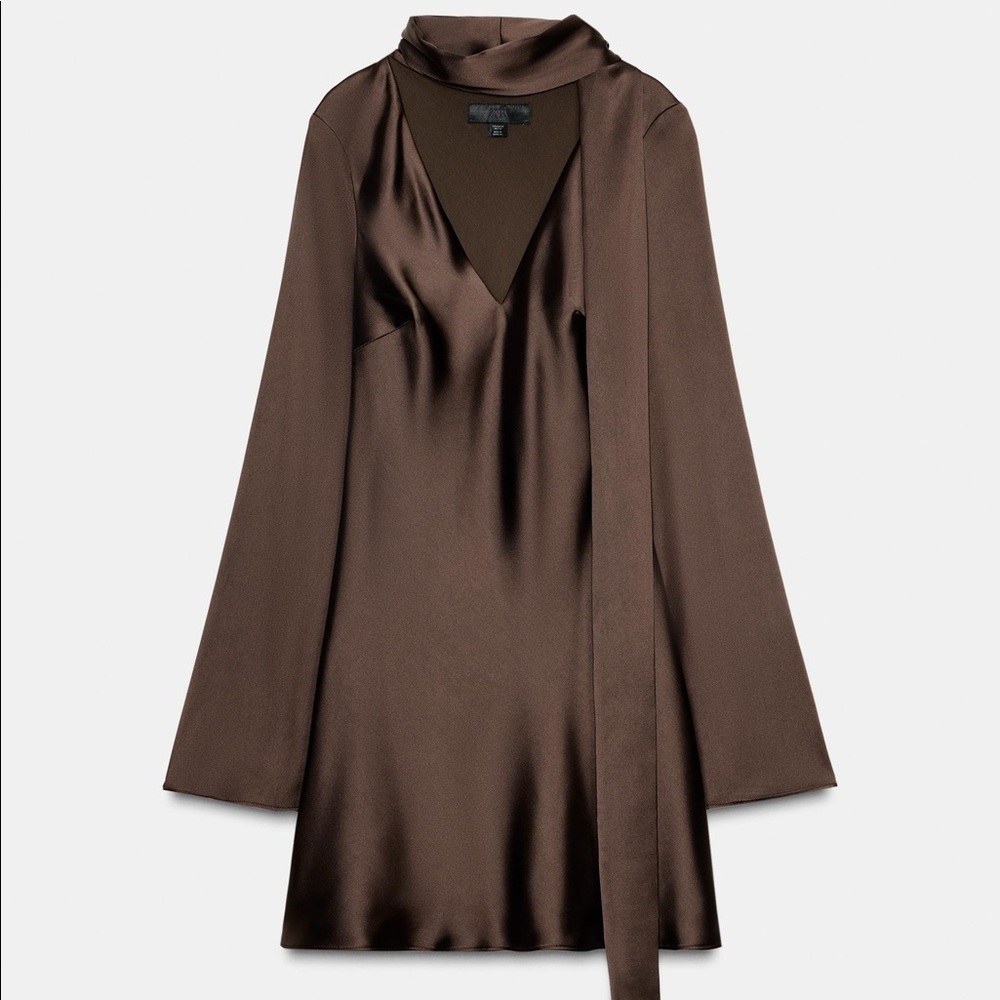 ZARA Satin Effect Scarf Dress in Chocolate